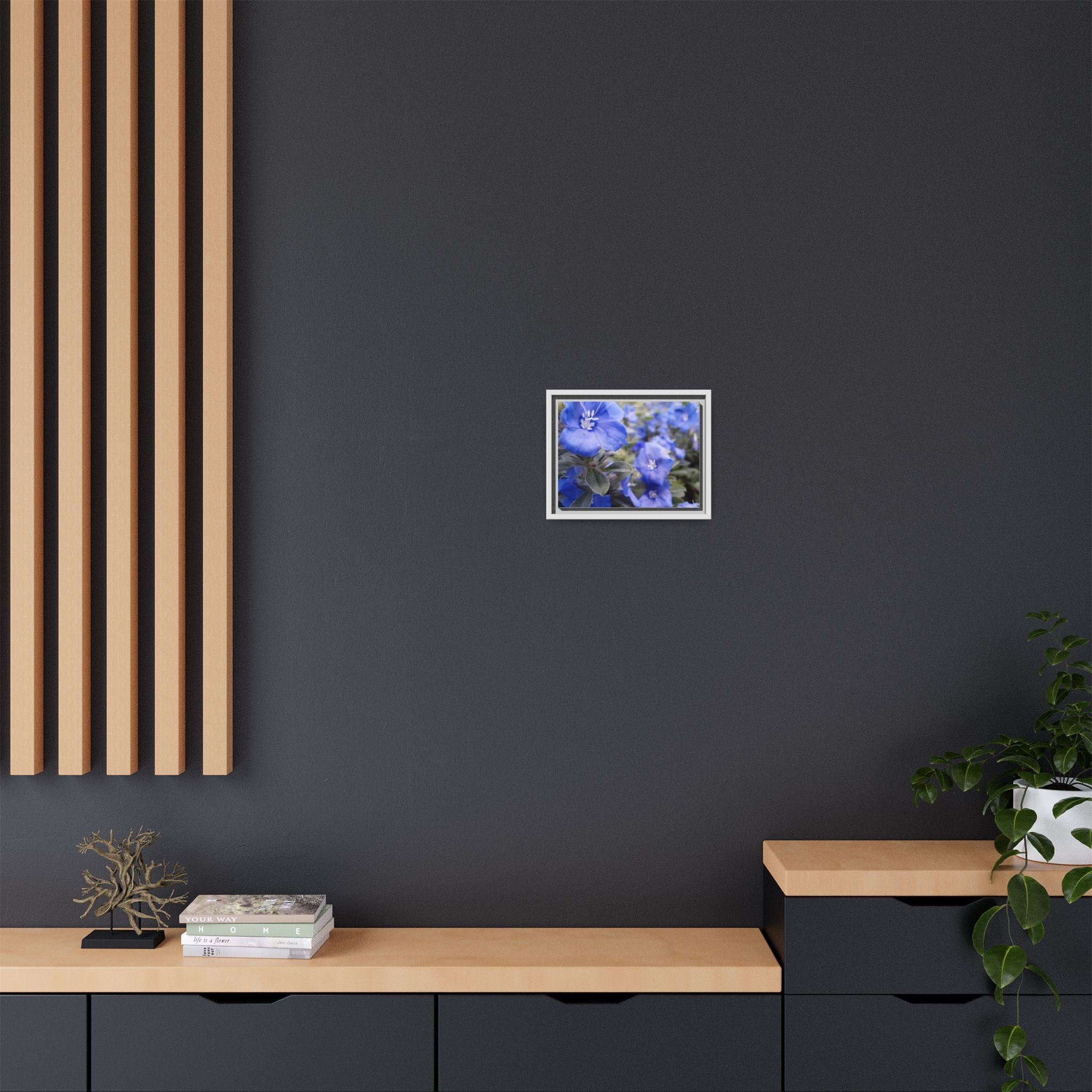 Framed Blue Floral Matte Canvas Wall Art — Vibrant Botanical Photography Print