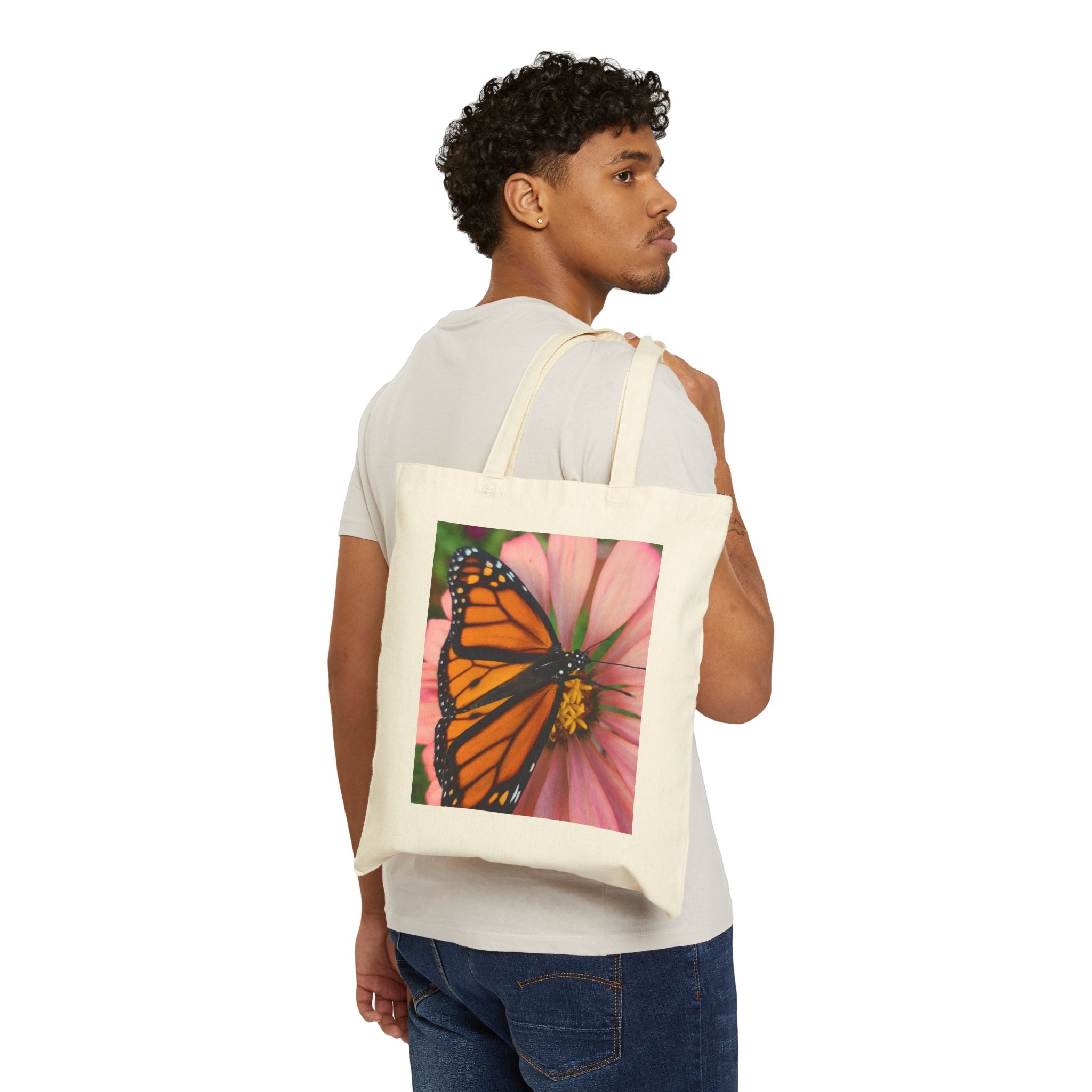 Monarch Butterfly on Pink Flower Cotton Canvas Tote Bag - GO! WITH NIKO LLC