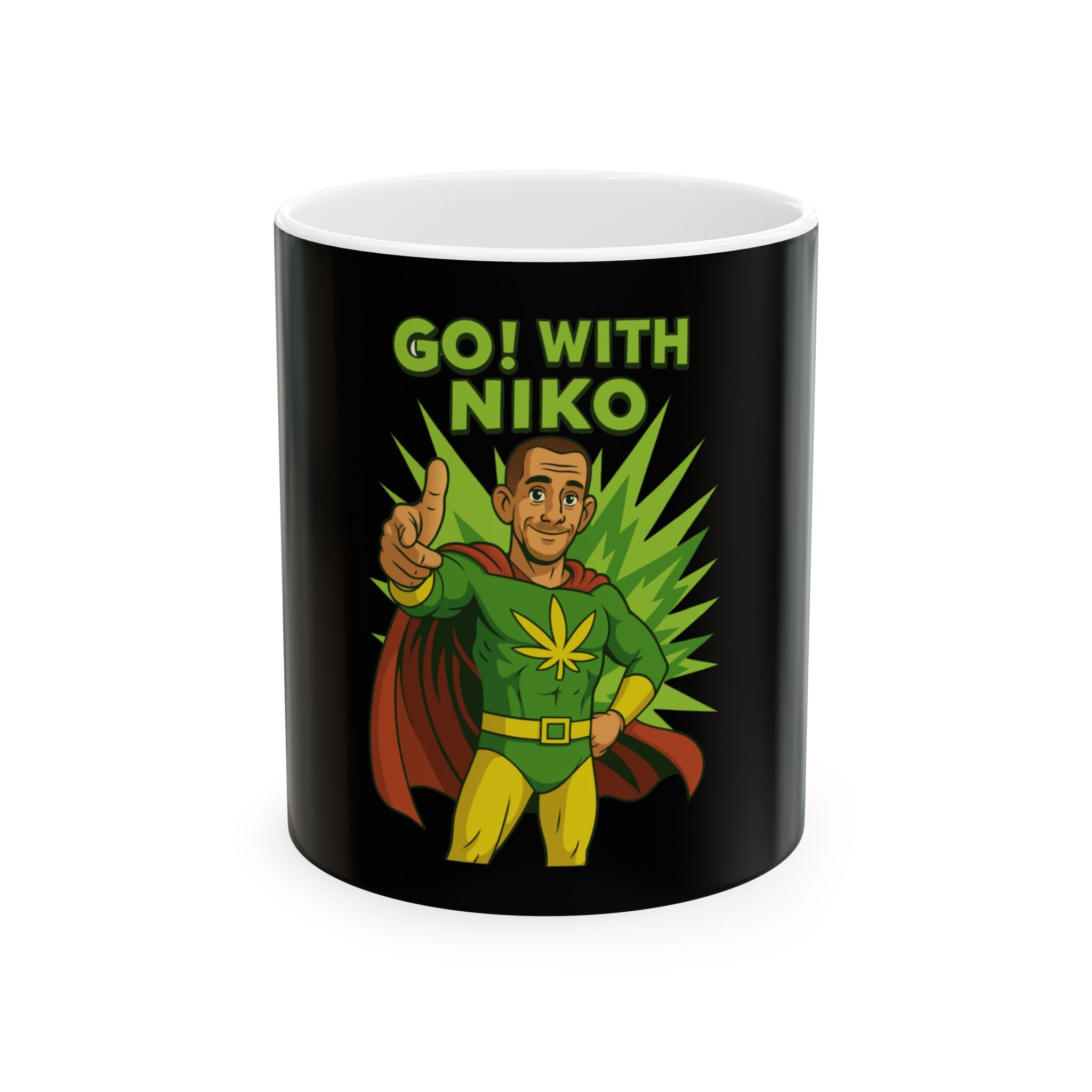 Go! With Niko Superhero Mug — Funny Cannabis Leaf Graphic Coffee Cup (11oz, 15oz)