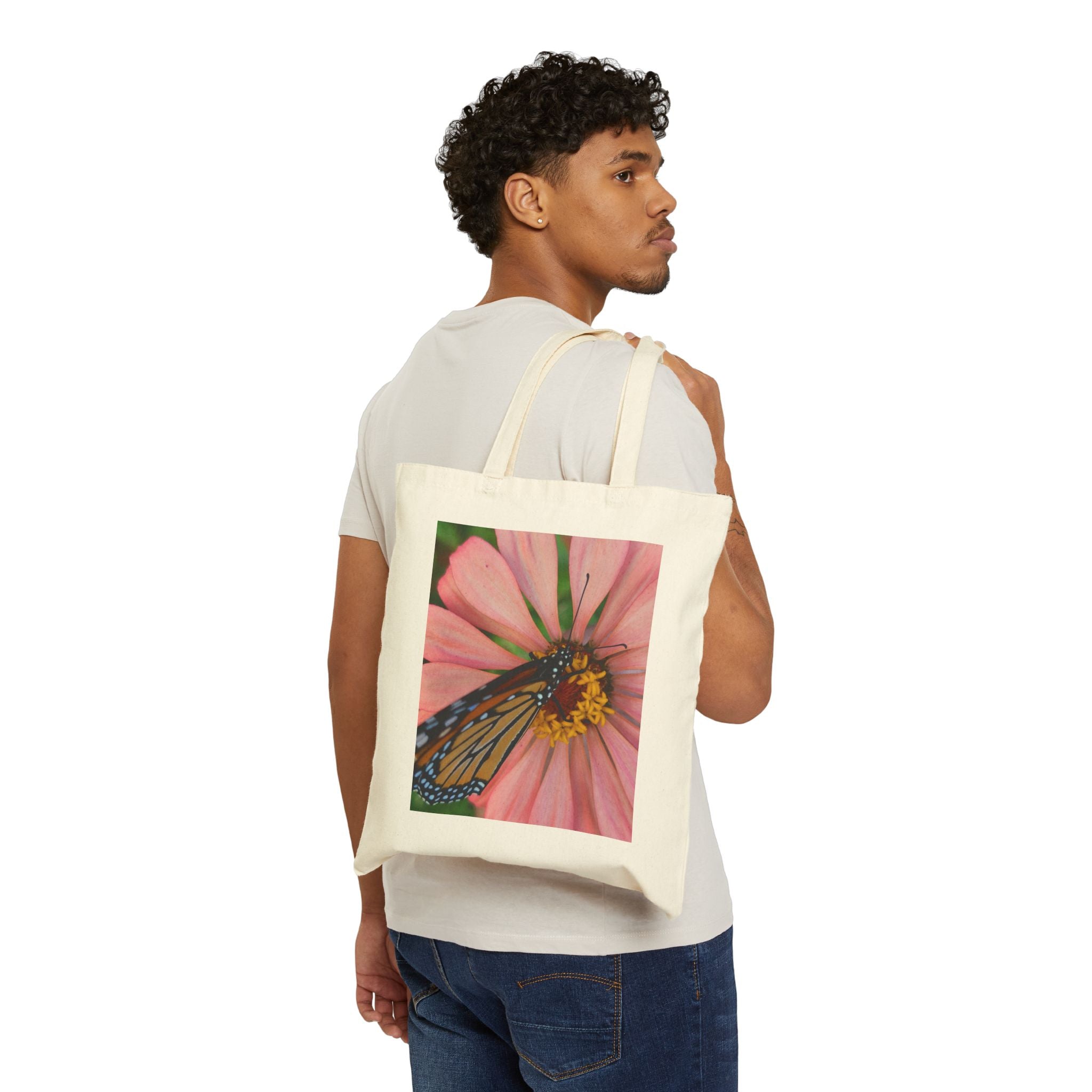 Monarch Butterfly on Pink Flower Cotton Canvas Tote Bag - GO! WITH NIKO LLC